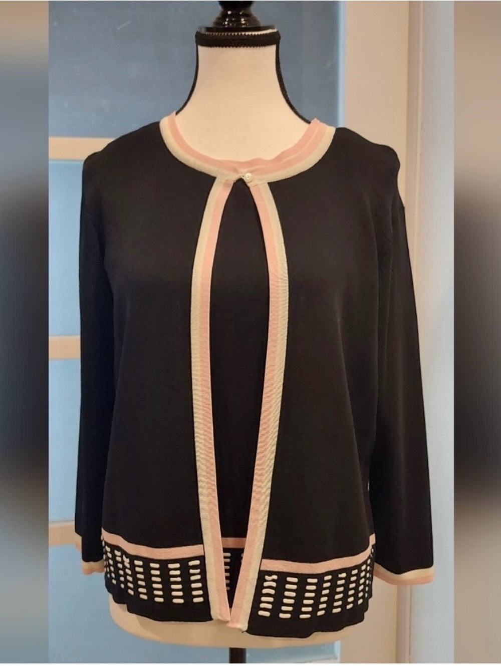 Sweater set black w/pink & white trim & contrast edging